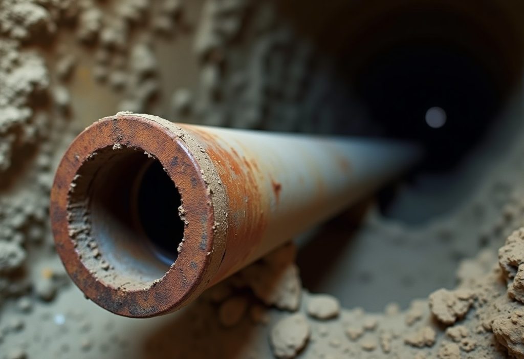 Rusted cast iron pipe joint in a crawlspace with visible corrosion and moisture staining.