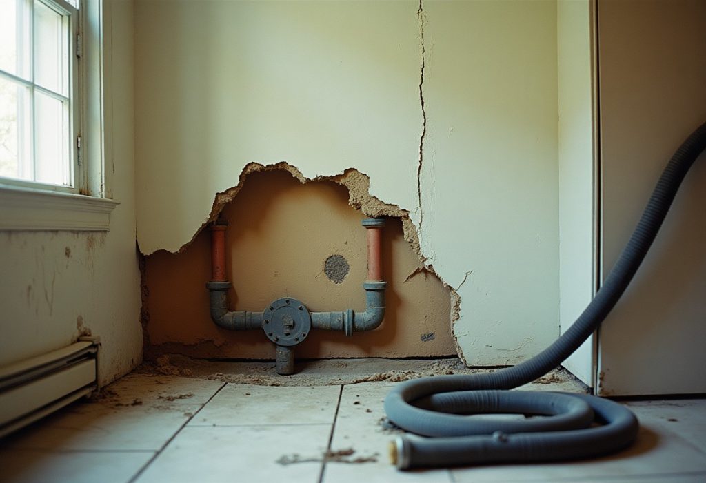 Opened wall section showing wet insulation and corroded pipe with a wet-vac hose nearby.