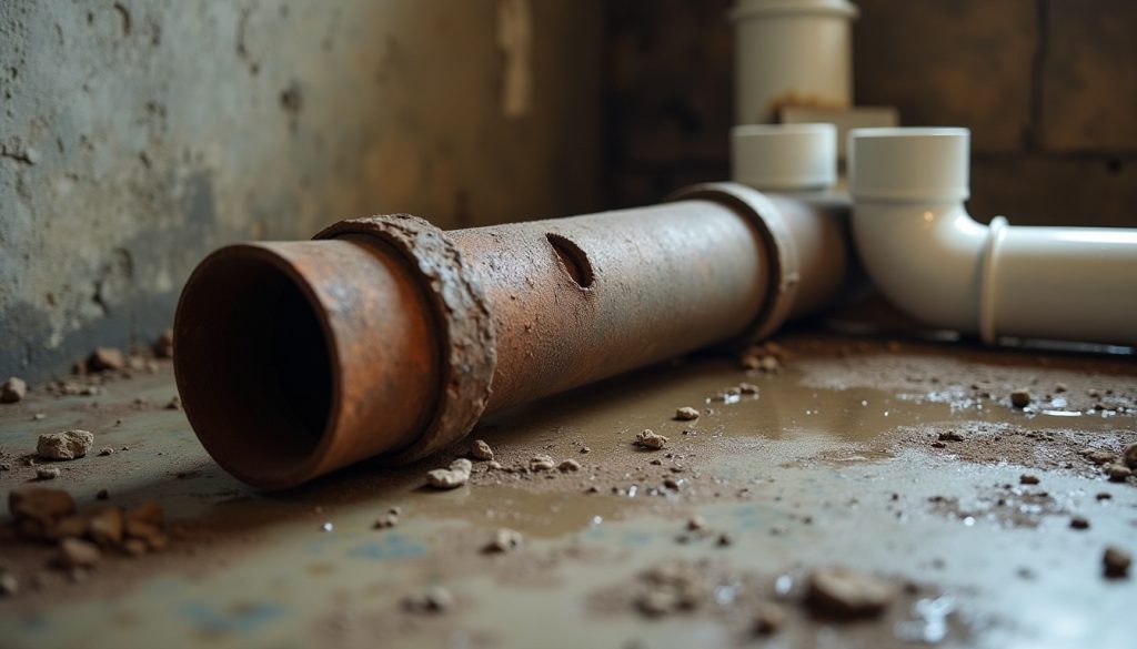 A rusted, cracked section of old cast iron drain pipe cut out and lying on a basement floor next to new white PVC pipe a