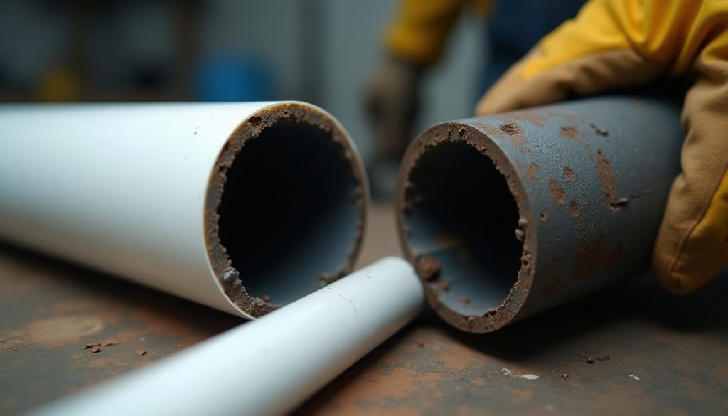 Gloved hand holds a pipe cutter at the joint between dark cast iron pipe and white PVC pipe on a workbench.