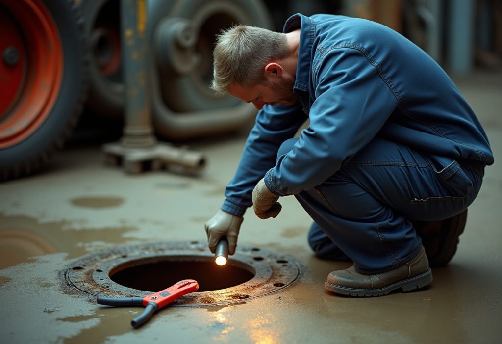Plumber inspecting a corroded floor drain grate with a flashlight on wet concrete