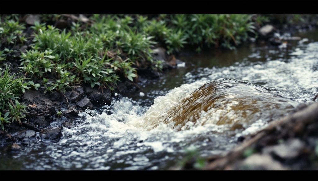 A wastewater outfall pipe discharging into a river bank with green vegetation