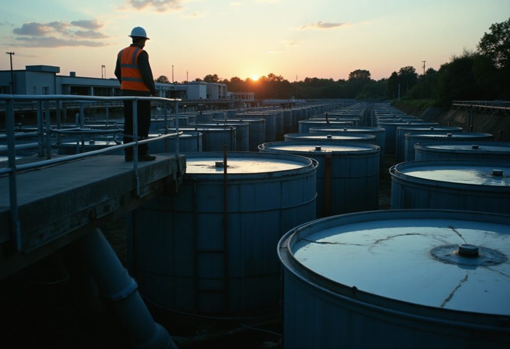 Worker on a catwalk among large wastewater treatment tanks at dusk