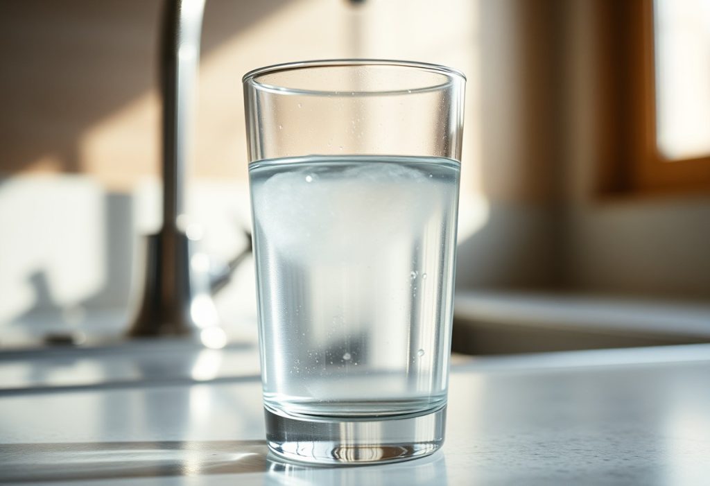 Clear glass of cloudy tap water sitting on a kitchen counter near a faucet