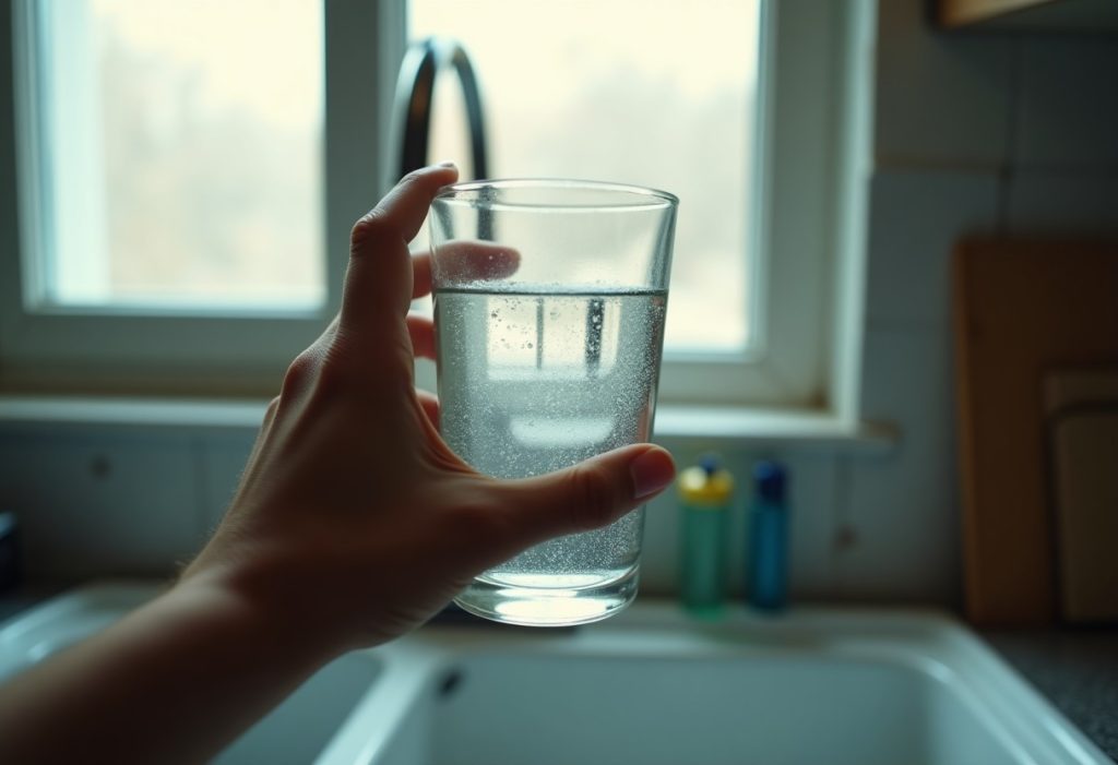 Hand holding a glass of cloudy water up to a window for inspection