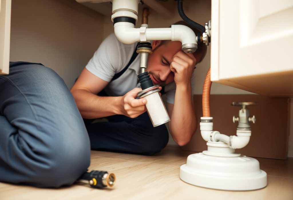 Plumber installing a sediment filter cartridge under a kitchen sink