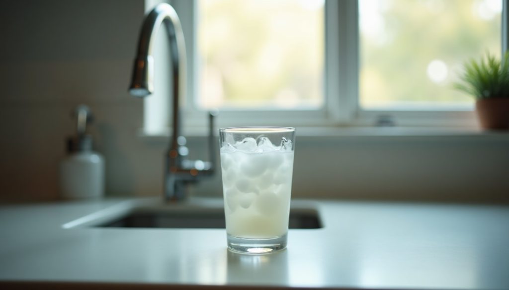 A clear drinking glass of milky white cloudy tap water on a kitchen counter next to a chrome faucet, soft daylight