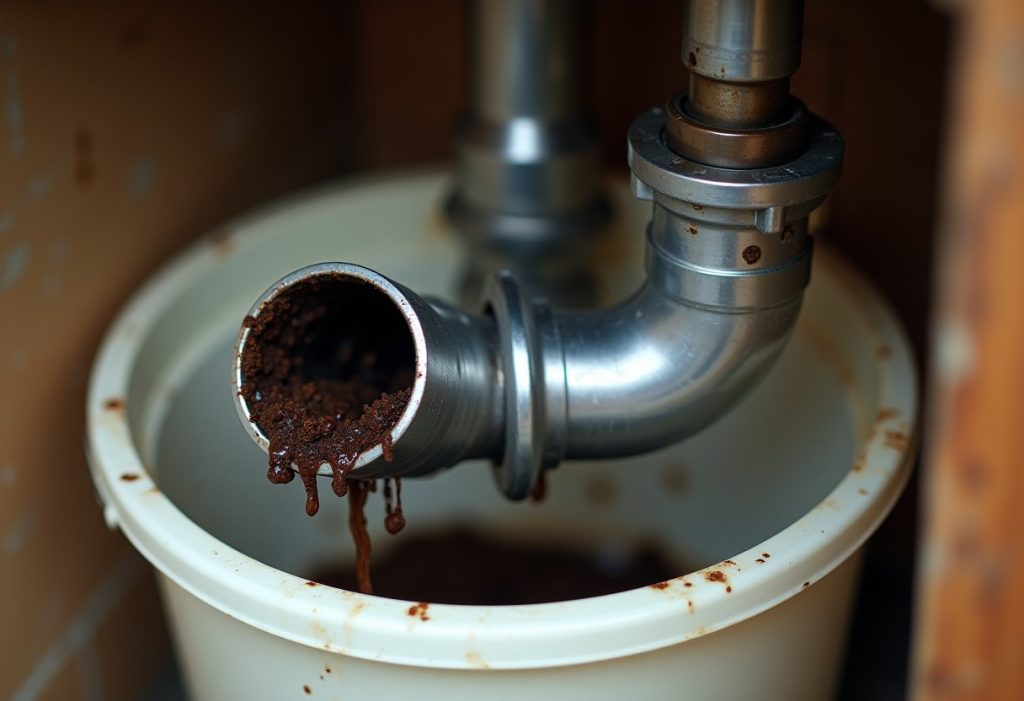 Chrome P-trap pipe removed from sink with coffee grounds caked inside