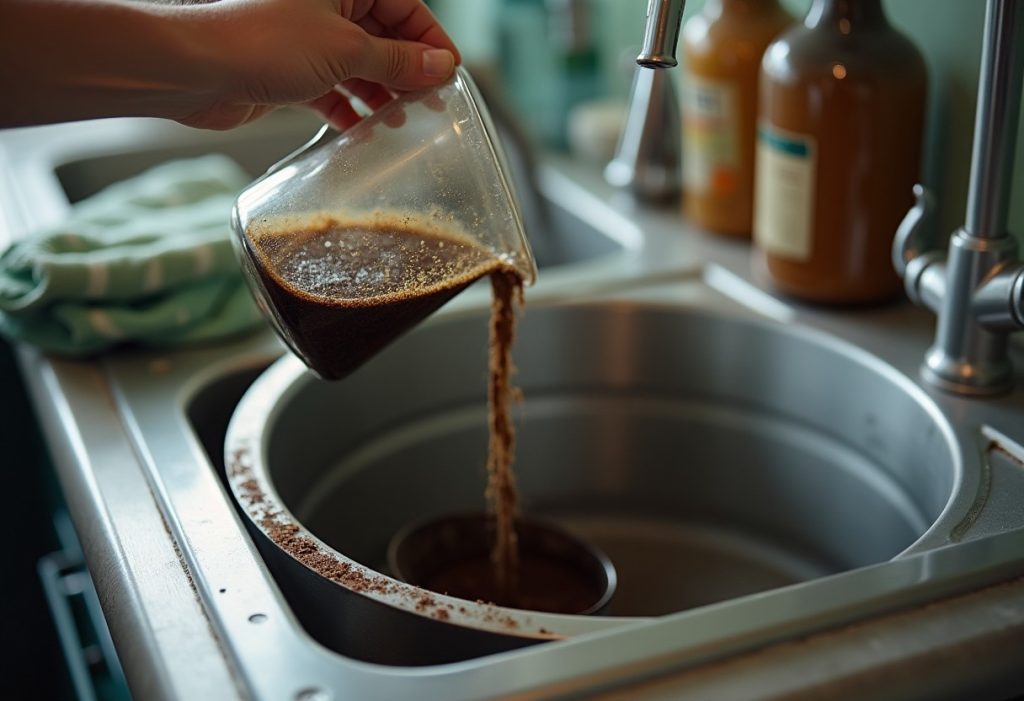French press grounds being dumped into a sink strainer basket