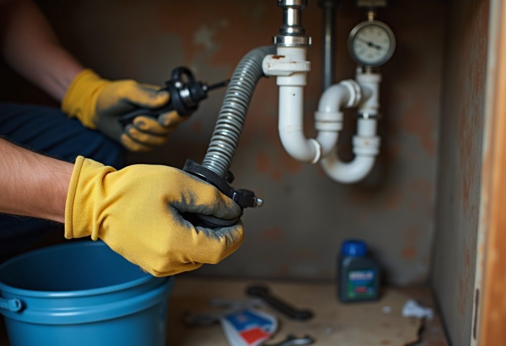 Gloved hands feeding a hand drain snake into an open sink pipe