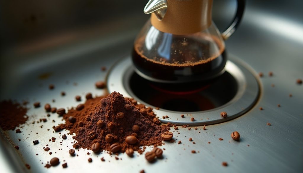 Wet used coffee grounds scattered around a stainless kitchen sink drain opening, a glass carafe resting nearby, morning