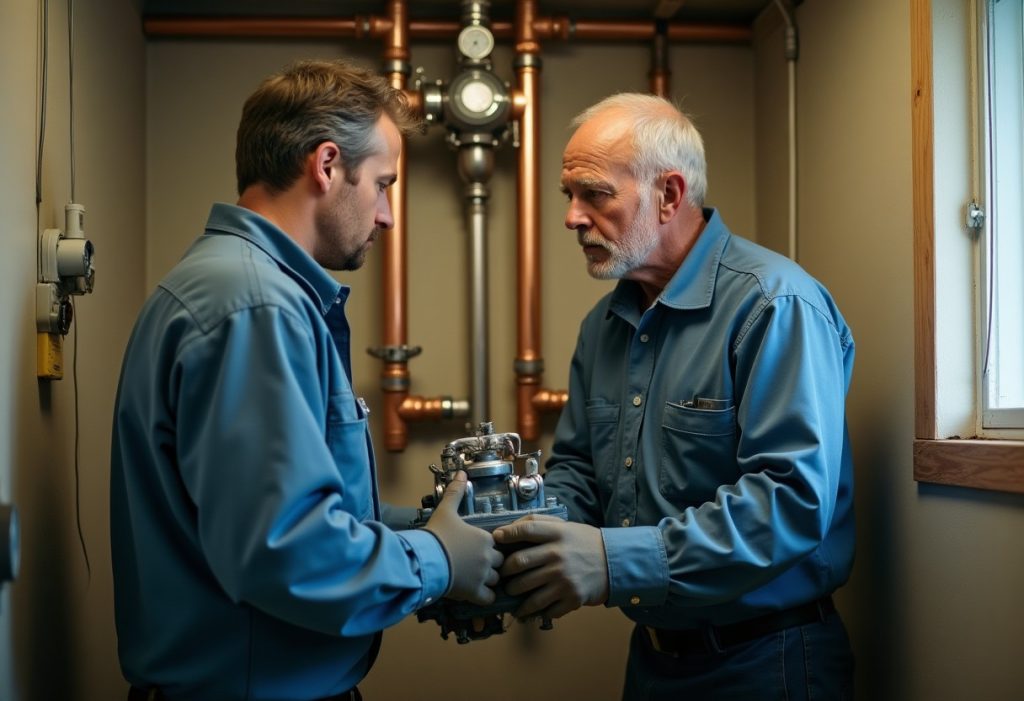Technician inspecting hot water pump and copper piping in a care facility mechanical room