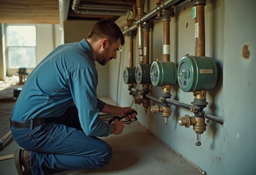 Plumber adjusting a valve on a row of water meters in a residential building basement