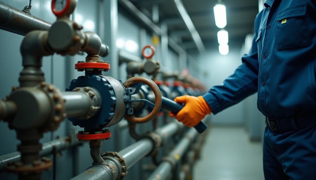Worker adjusting valve wheel in mechanical room with large pipes and backflow preventer assembly.