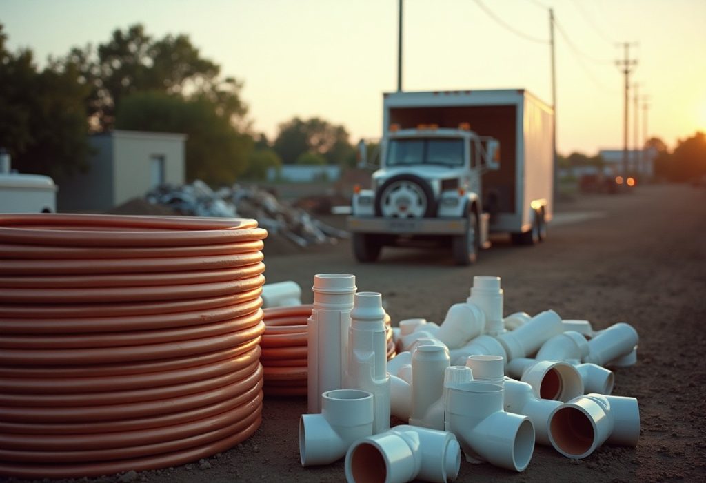 Empty plumbing job site with stacked pipe coils and an idle trailer at dawn