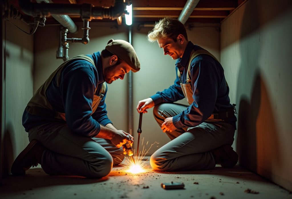 Two plumbers working together soldering copper pipe under a sink