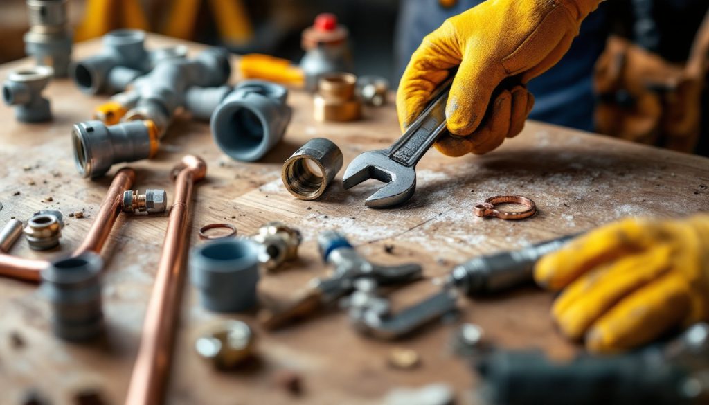 Copper and PVC pipes, fittings, and a wrench arranged neatly on a wooden workbench.