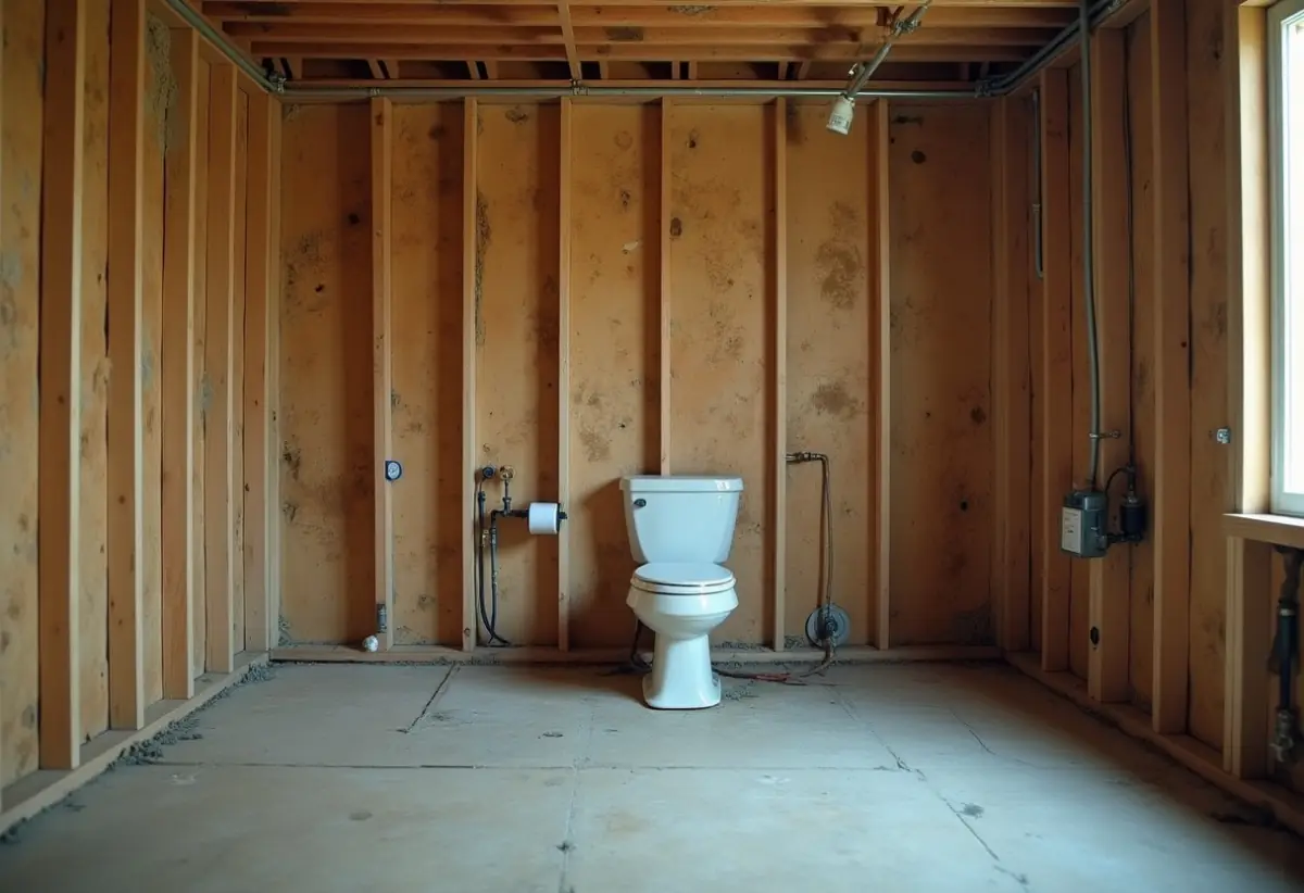Open subfloor showing wood joists and a capped drain pipe where a toilet once stood.