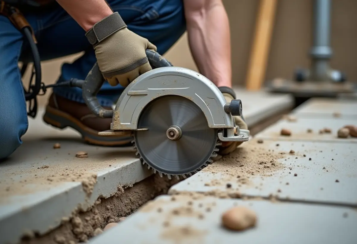Plumber saw-cutting a trench through a concrete slab toward an exposed drain pipe.