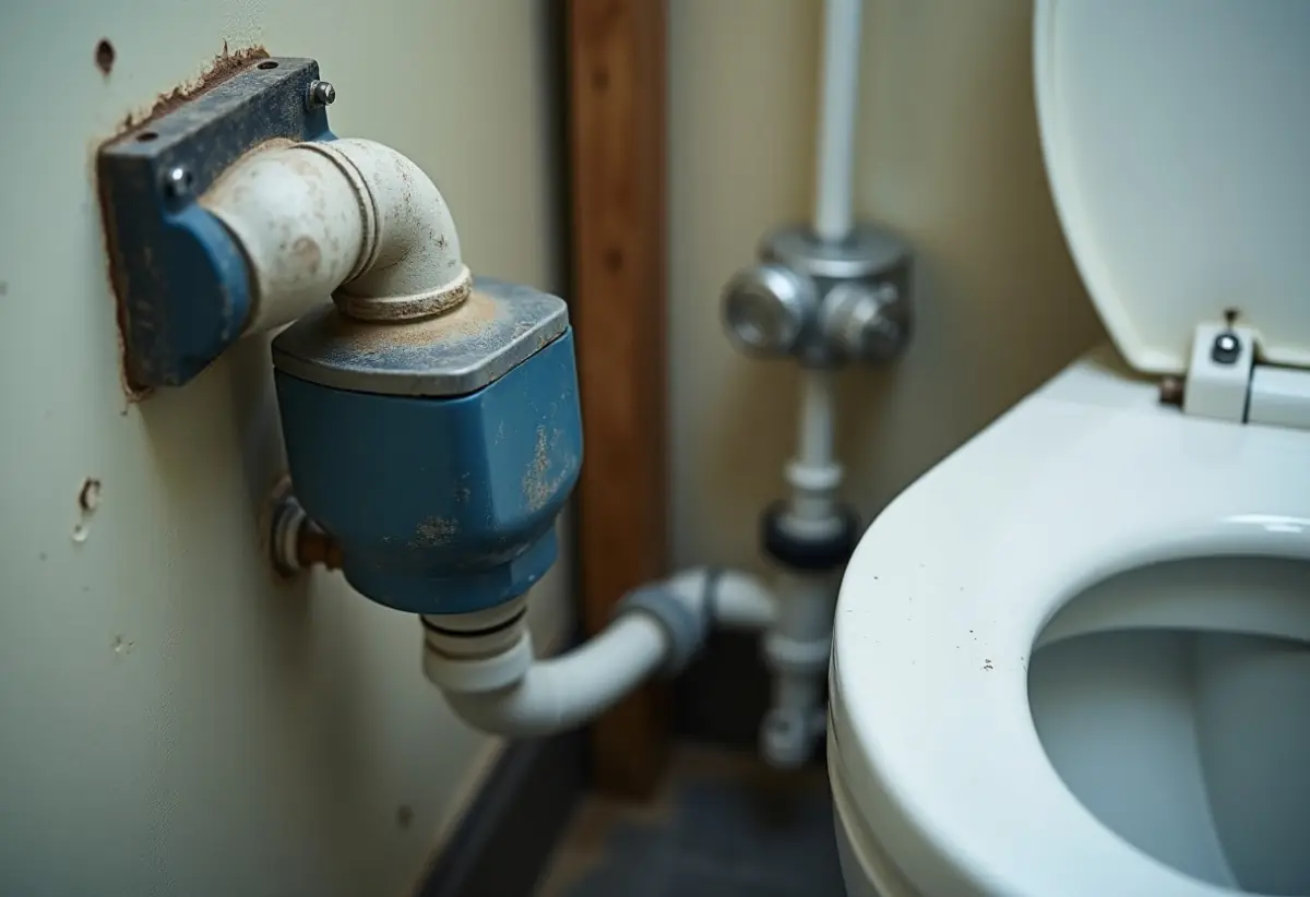 Macerating toilet unit with a small discharge pipe running along the wall.