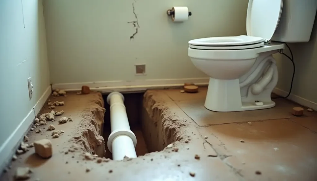 A bathroom under renovation with the toilet removed, an open trench cut in the subfloor revealing a white PVC drain line