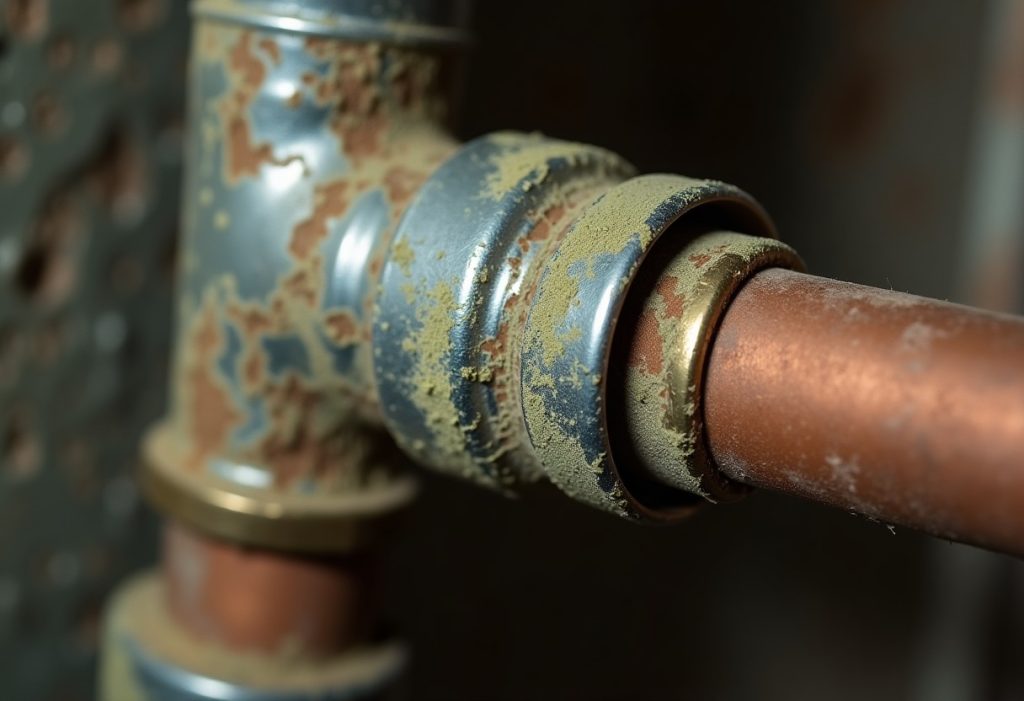 Corroded joint where copper pipe meets a steel water heater nipple
