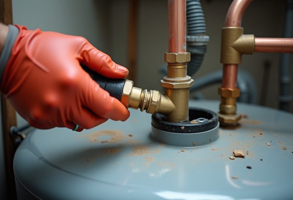 Hands installing a dielectric union on a water heater's steel nipple