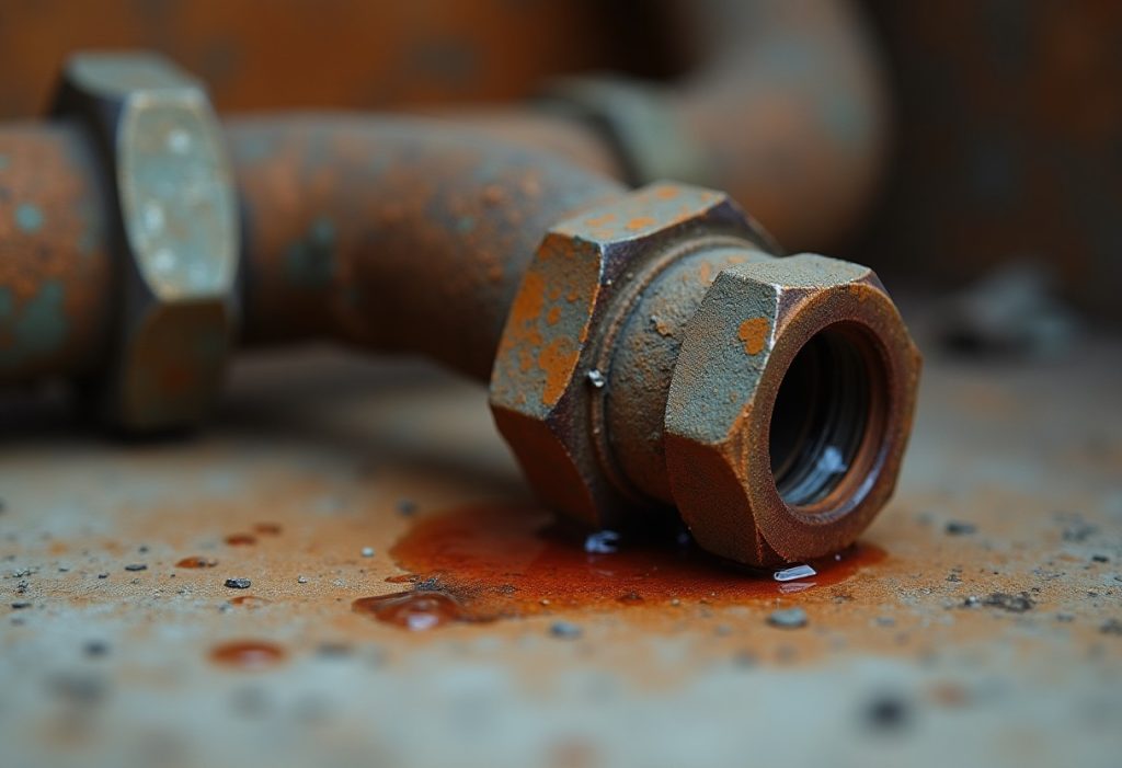 Rust streaked union nut dripping reddish water onto concrete floor