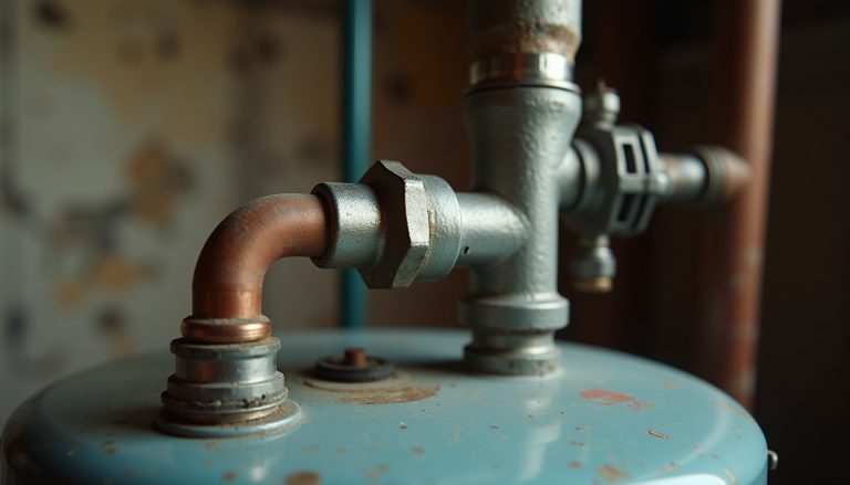 A dielectric union joining a galvanized steel nipple to a copper pipe on top of a water heater, close-up with shallow de