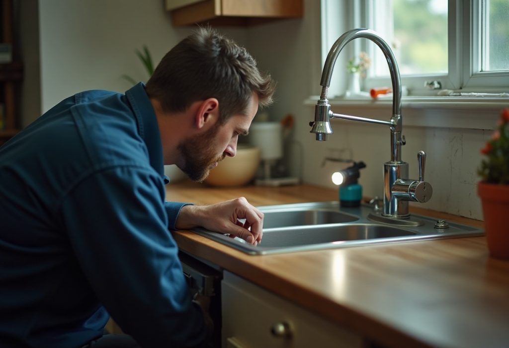 Plumber examining a chrome dishwasher air gap fitting mounted on a kitchen counter