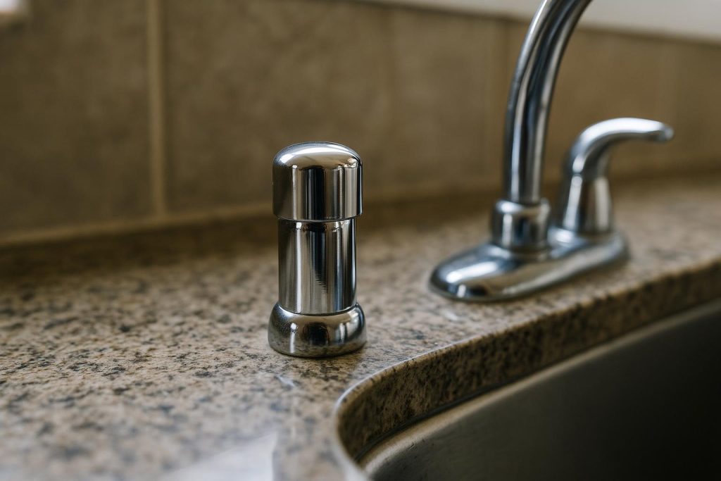 A chrome dishwasher air gap mounted on a countertop