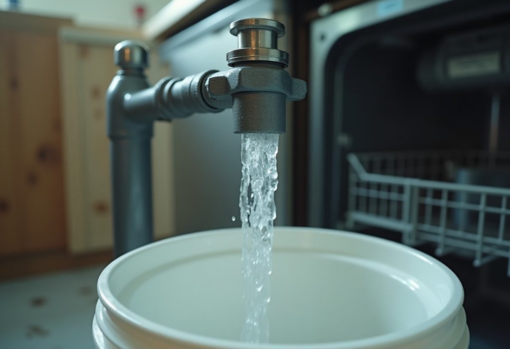 Water spraying from a dishwasher air gap fitting cap on a kitchen counter
