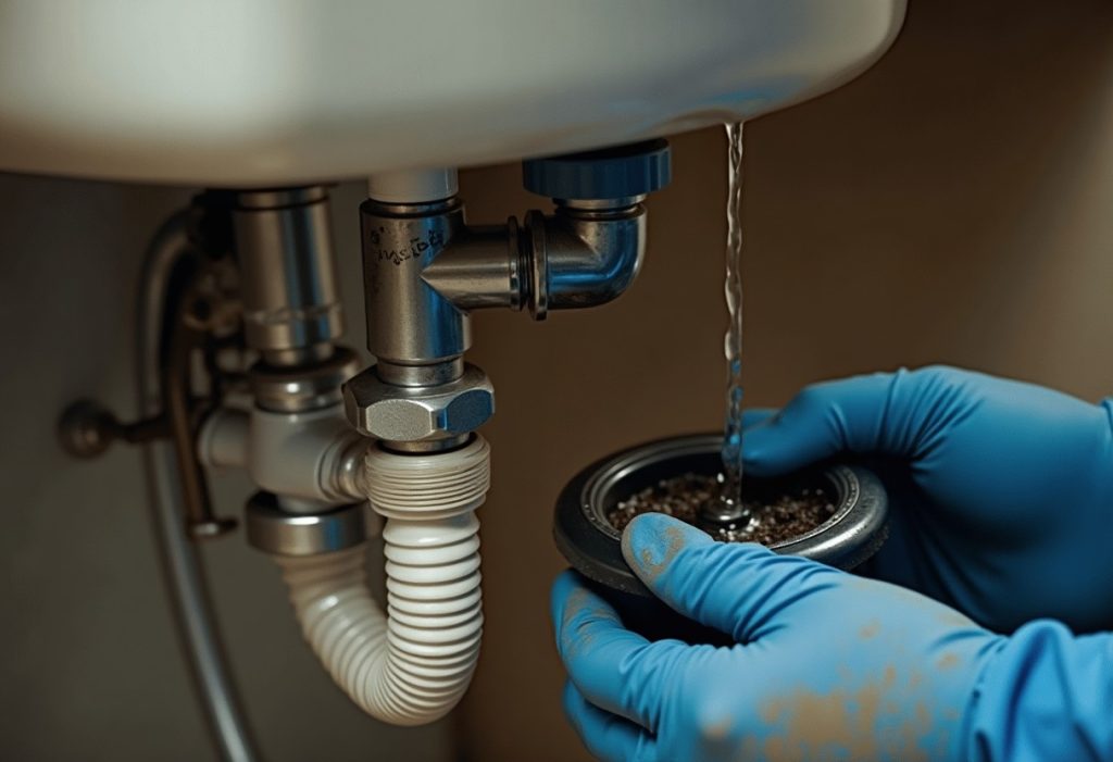 Gloved hands removing the cap from a dishwasher air gap fitting with a cleaning brush nearby