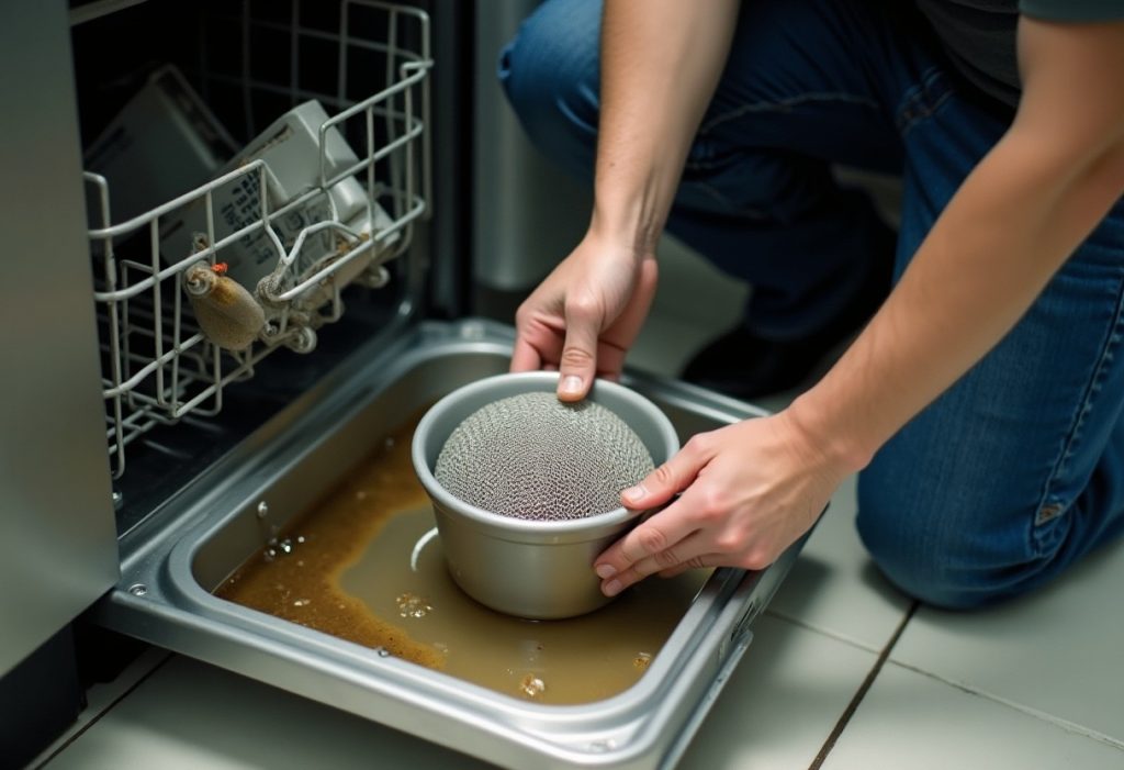 Hands removing a cylindrical dishwasher filter coated with grease and food debris