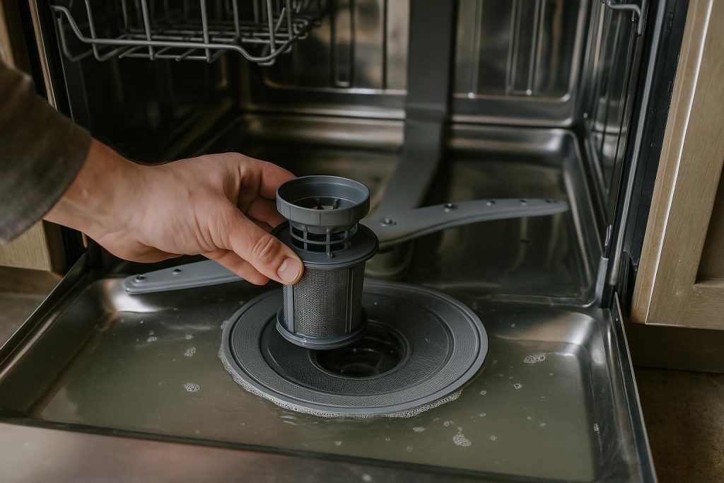 Pulling the filter from a dishwasher with standing water