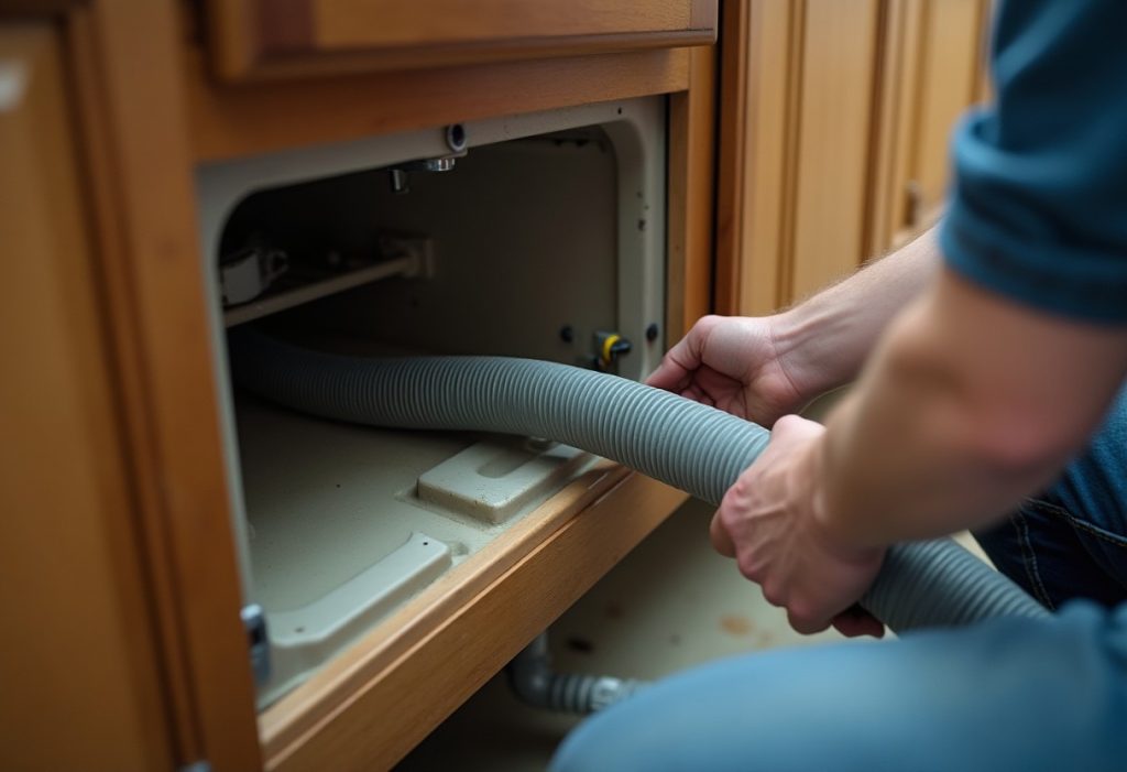 Technician pulling a kinked corrugated dishwasher drain hose from behind a cabinet