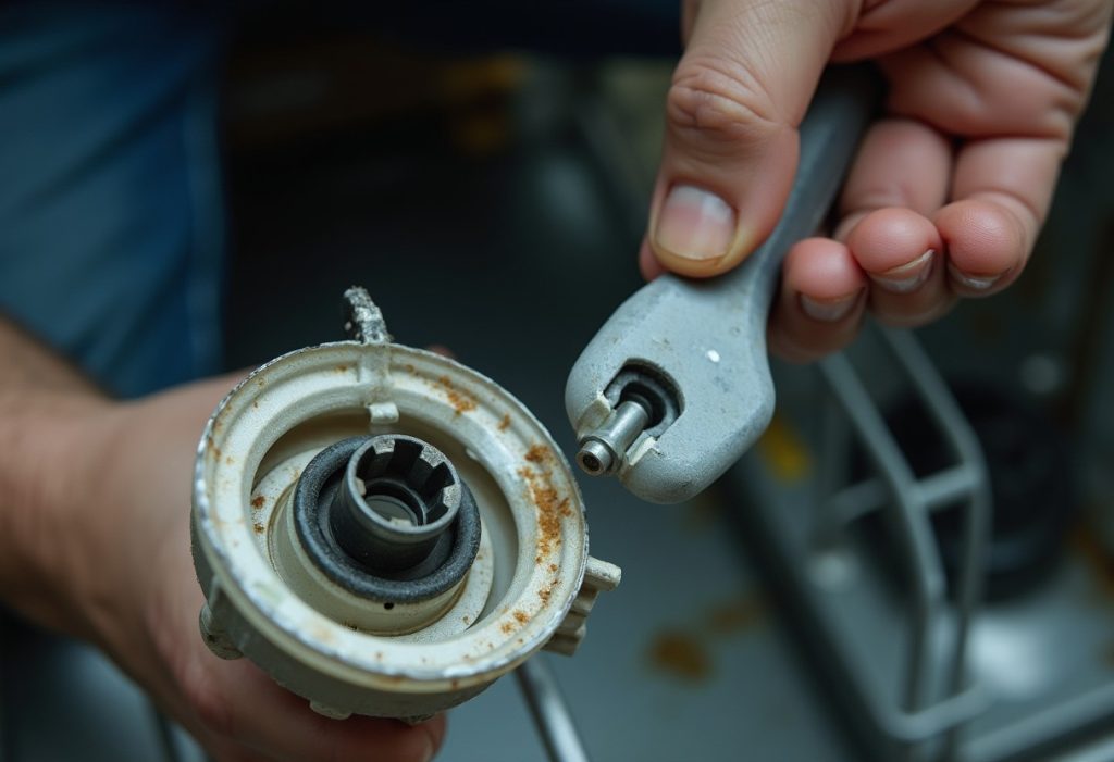 Technician removing a dishwasher drain pump assembly with glass shard near impeller