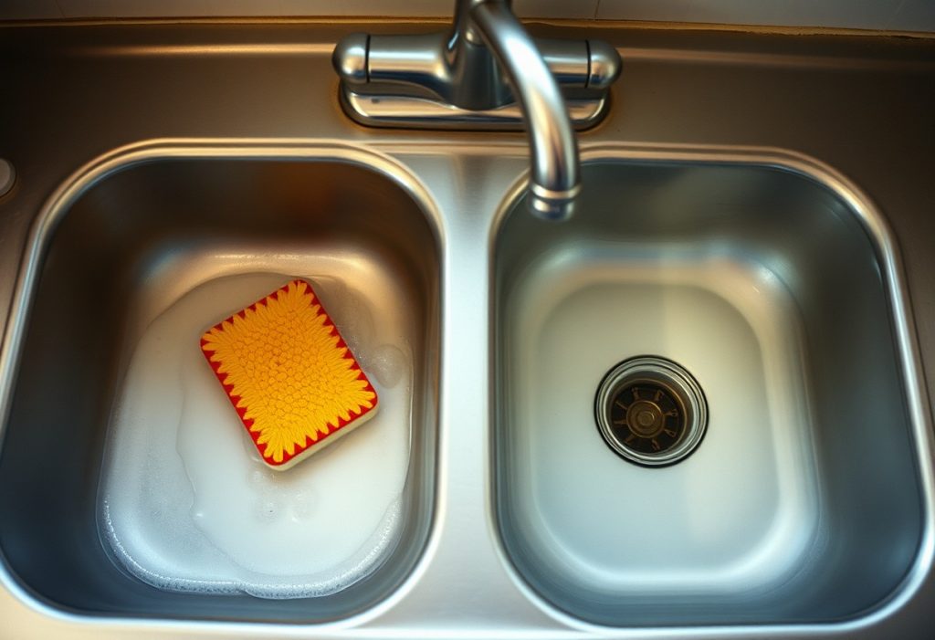 Two basin sink setup with soapy wash water and clear rinse water, faucet off