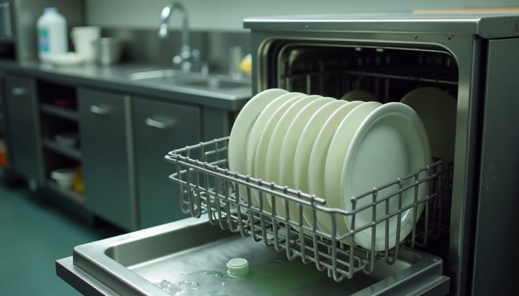 An open dishwasher with clean plates in the rack beside a sink filled with soapy dishwater and a few dishes