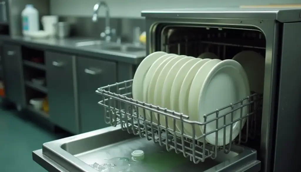 An open dishwasher with clean plates in the rack beside a sink filled with soapy dishwater and a few dishes
