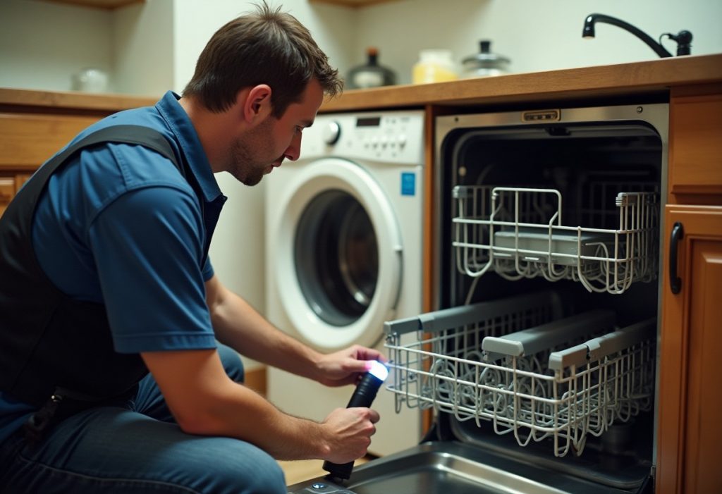 Technician inspecting dishwasher spray arm with washing machine visible nearby