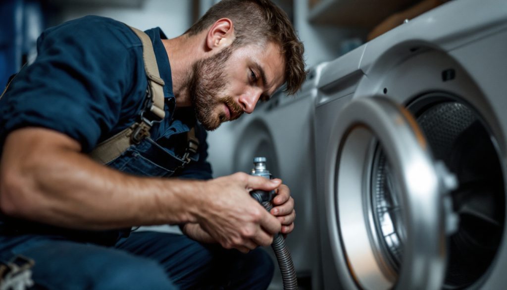 A plumber connecting the supply hose behind a washing machine in a laundry room