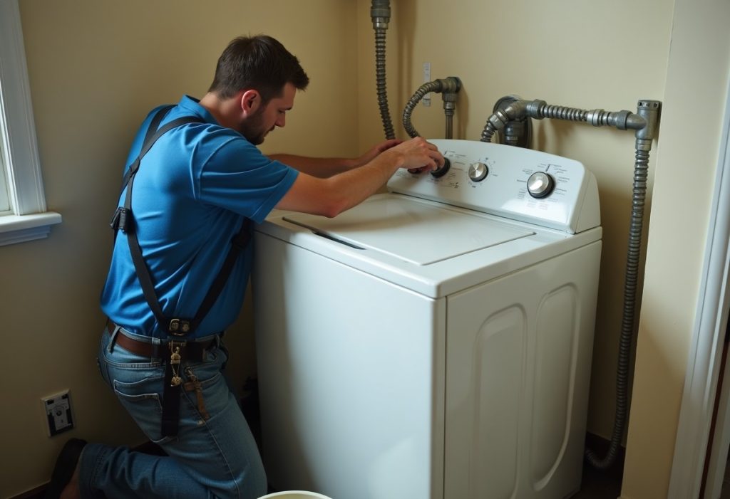 Plumber adjusting hot and cold valves behind a top-loading washing machine