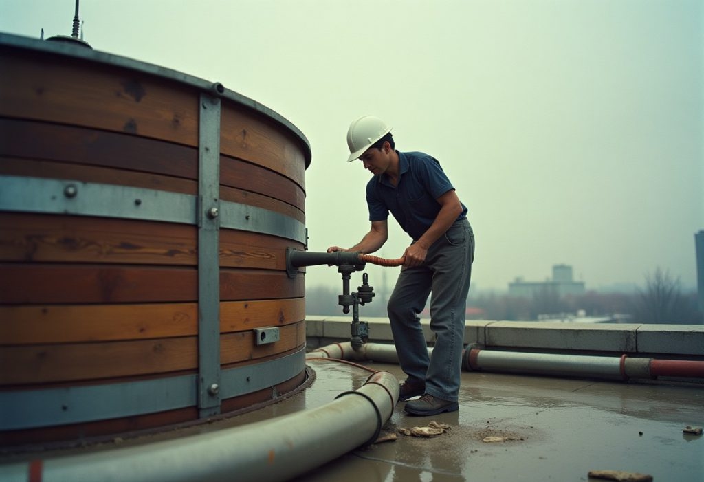 Technician inspecting overflow pipe and valve at base of rooftop wooden water tank