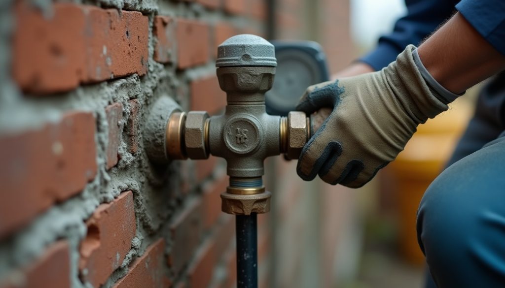 Old mineral-stained water meter and copper valve on brick wall, gloved hand adjusting, newer PVC fixture nearby.