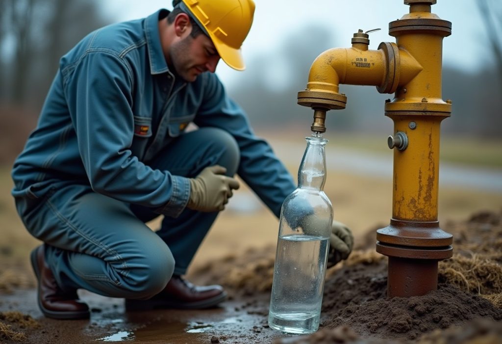 Technician collecting a water sample from a wellhead sampling valve outdoors