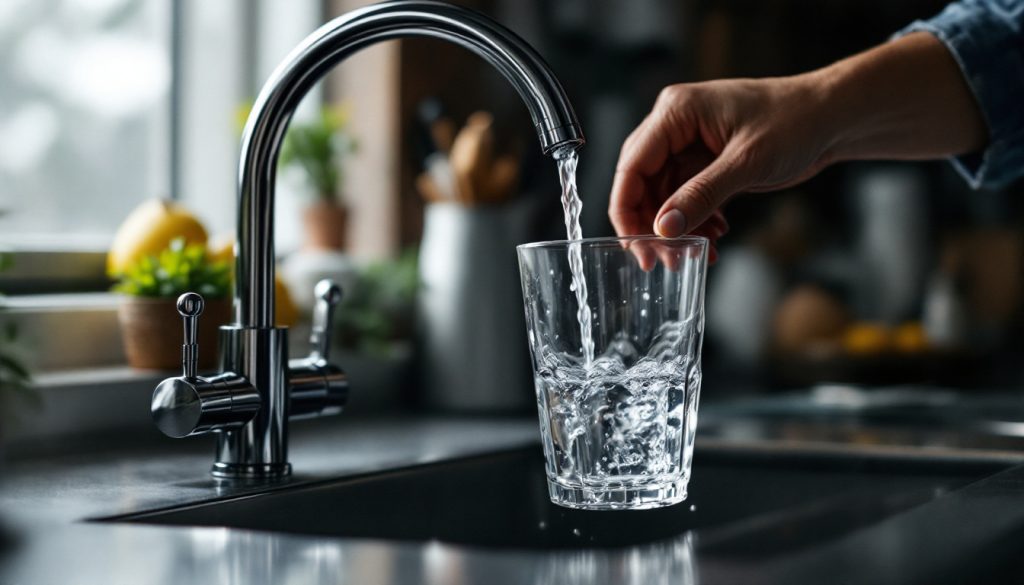A glass being filled with tap water at a kitchen faucet, window light