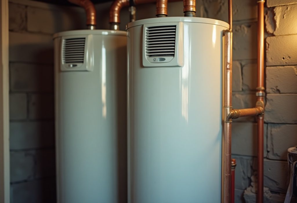 Heat pump water heater with a fan housing on top in a basement utility room