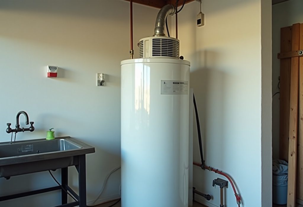 Heat pump water heater standing in a clean garage next to a utility sink