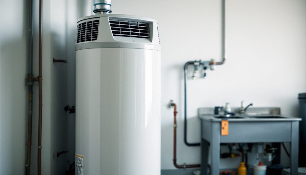 A white heat pump water heater with a fan housing on top, next to a utility sink